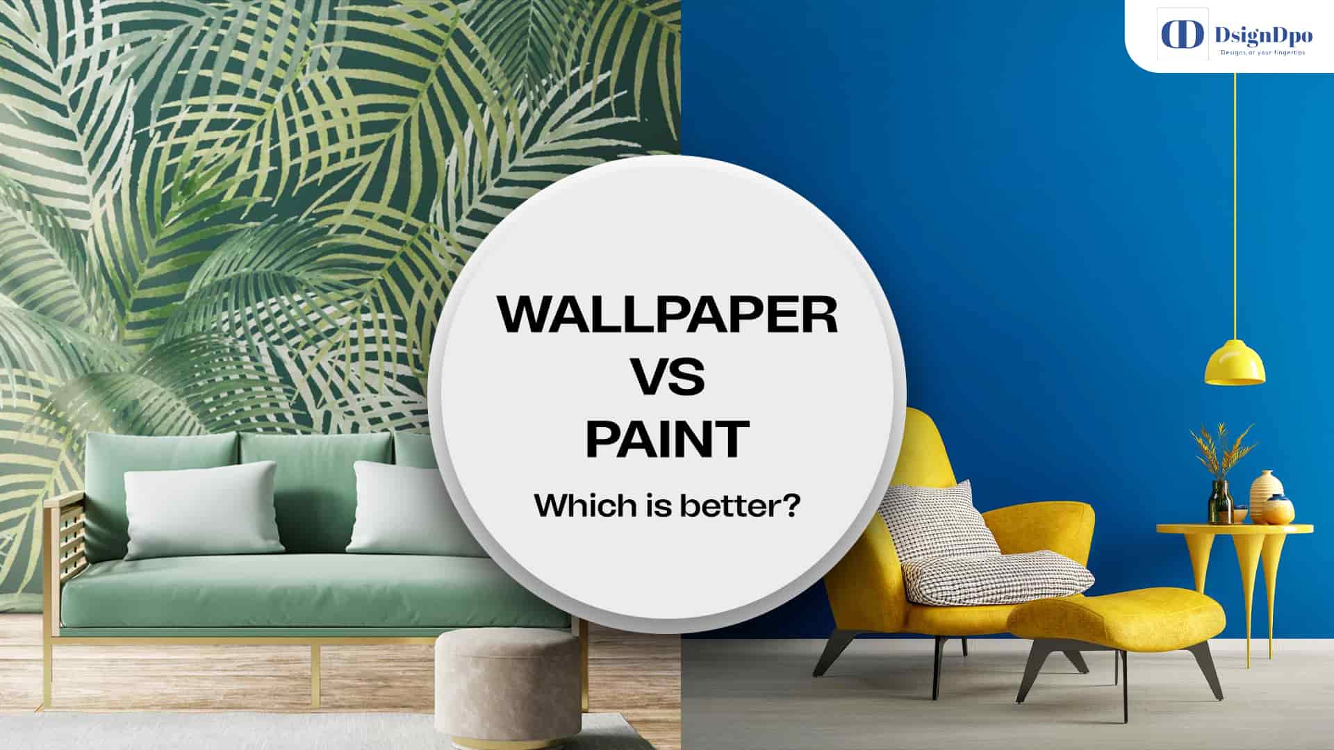 Wallpaper vs Paint 2025 split-screen comparison: Indian floral wallpaper vs modern sage green paint, with Hindi decor elements and bold title text for home decor choices.