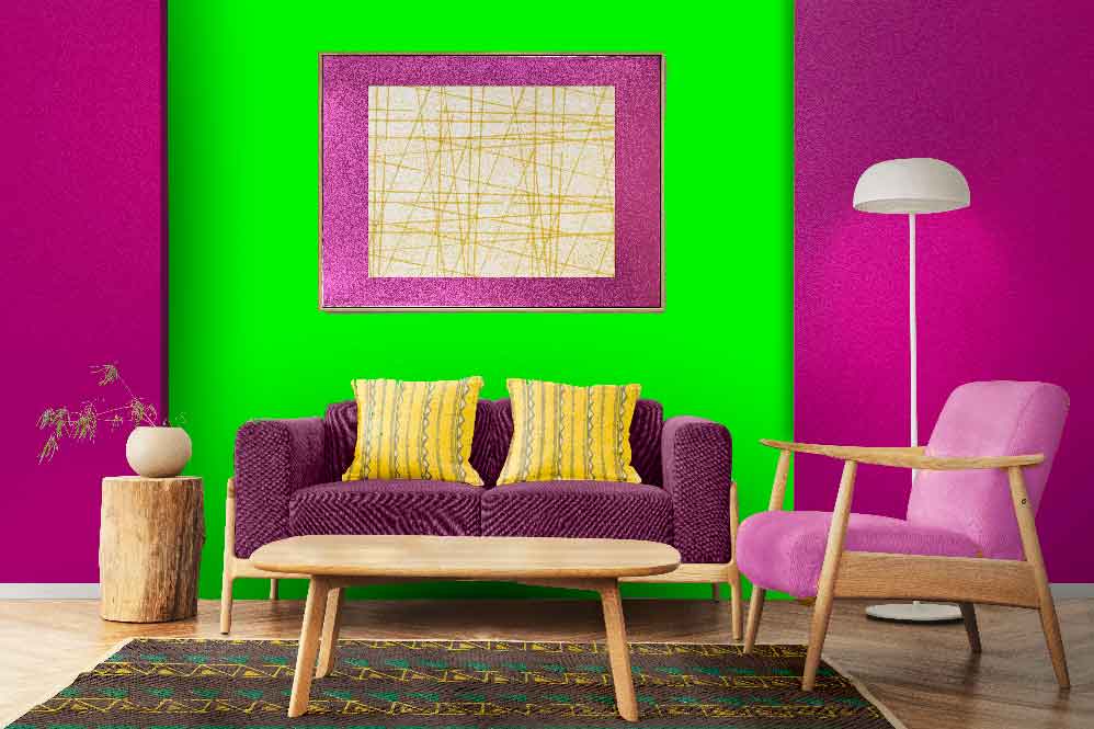 Bright Pink and Green Color Combination for Living Room