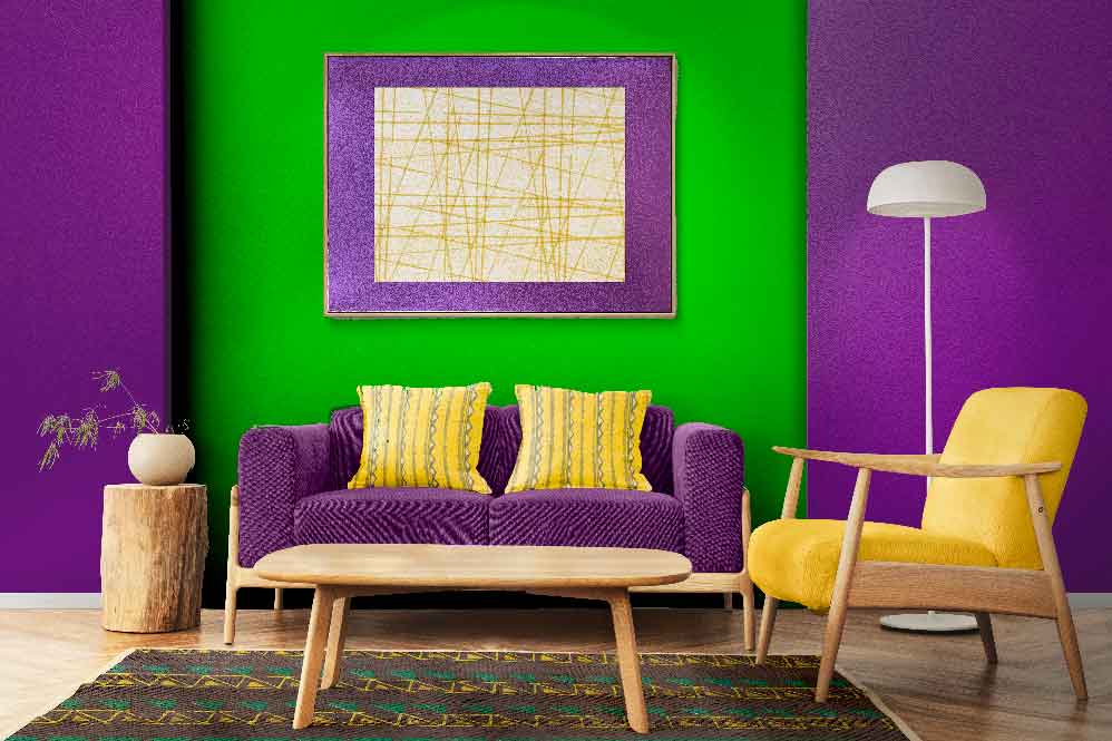 Grape and Green Color Combination for Living Room