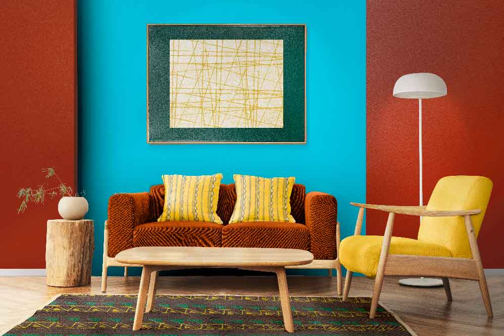 Sky Blue and Reddish Yellow Color Combination for Living Room