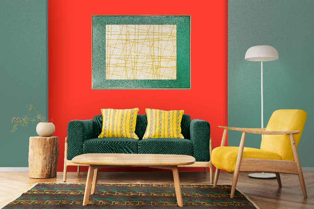 Vermilion and Ash Green Color Combination for Living Room